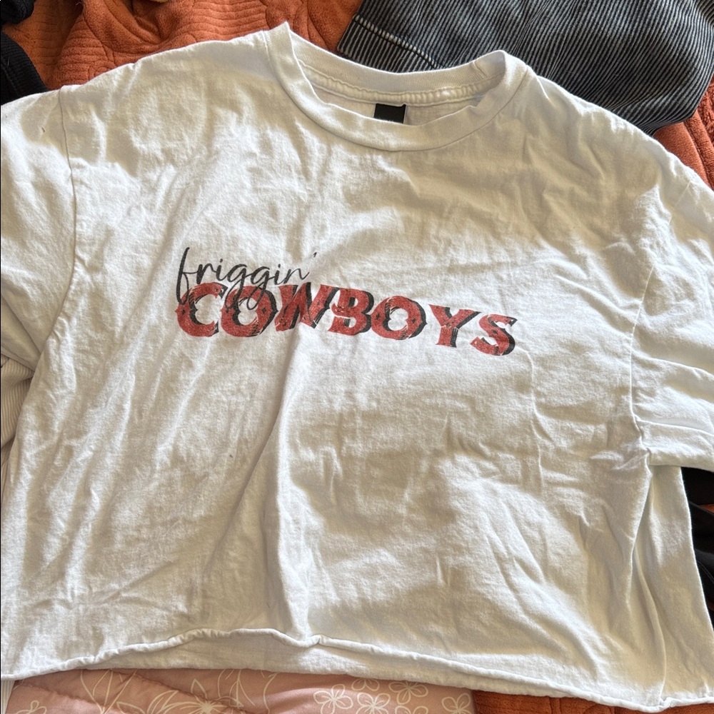 Wrangler White Tee with Red Cowboys Text